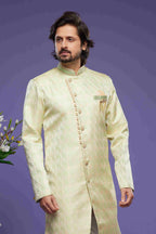 Raivat Ethnic Banarasi Jacquard Embroidery Semi Indo Western Sherwani In Pista Green Colour | Grocsy