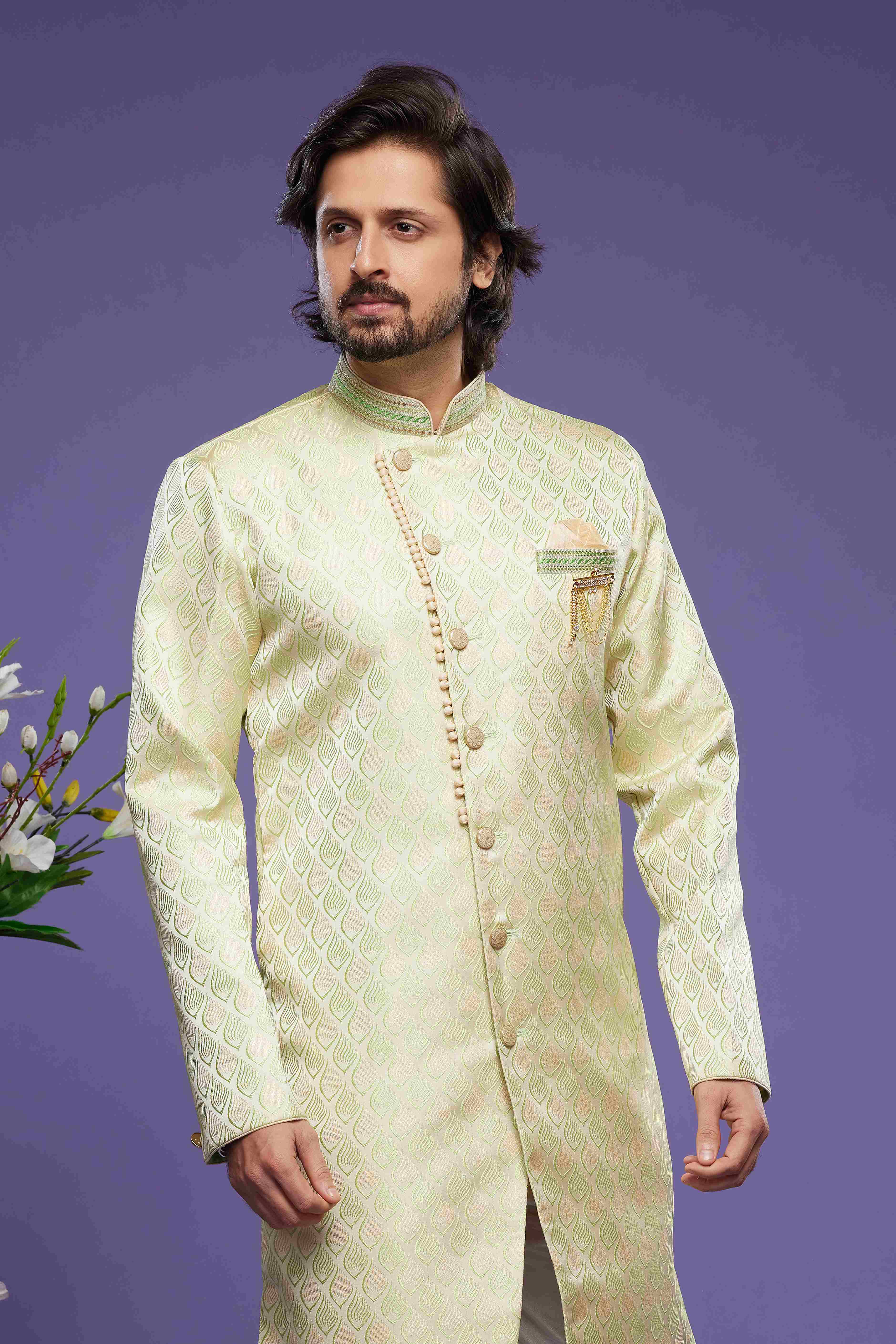 Raivat Ethnic Banarasi Jacquard Embroidery Semi Indo Western Sherwani In Pista Green Colour | Grocsy