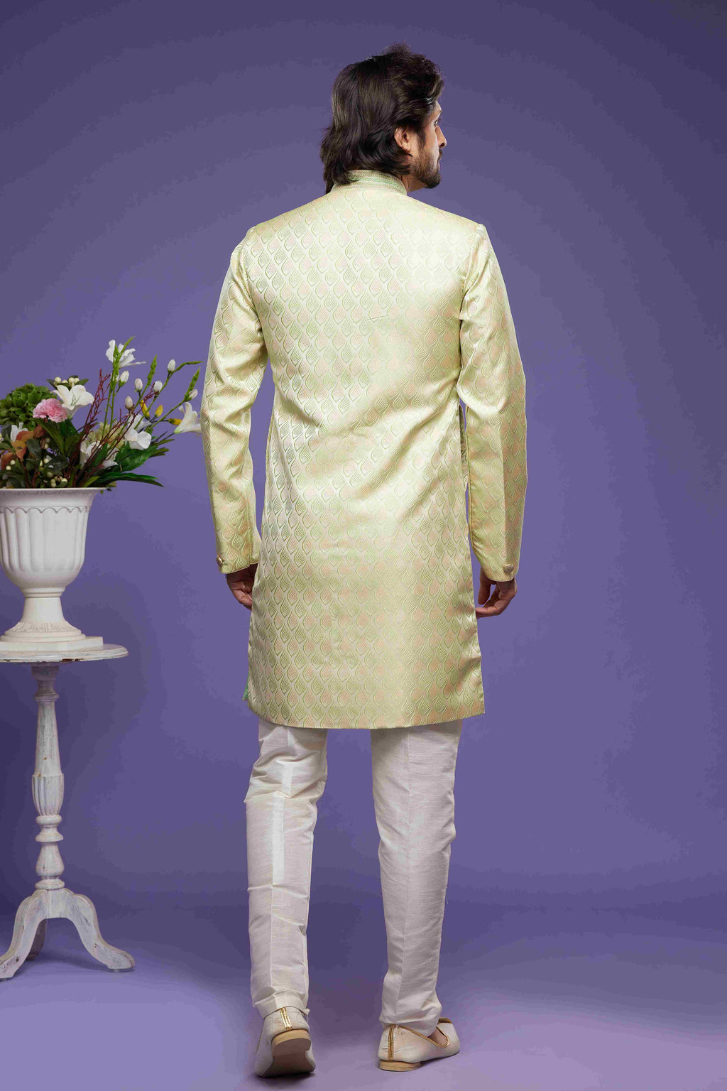 Raivat Ethnic Banarasi Jacquard Embroidery Semi Indo Western Sherwani In Pista Green Colour | Grocsy