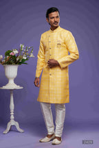 Raivat Ethnic Banarasi Jacquard Embroidery Semi Indo Western Sherwani In Yellow Colour | Grocsy
