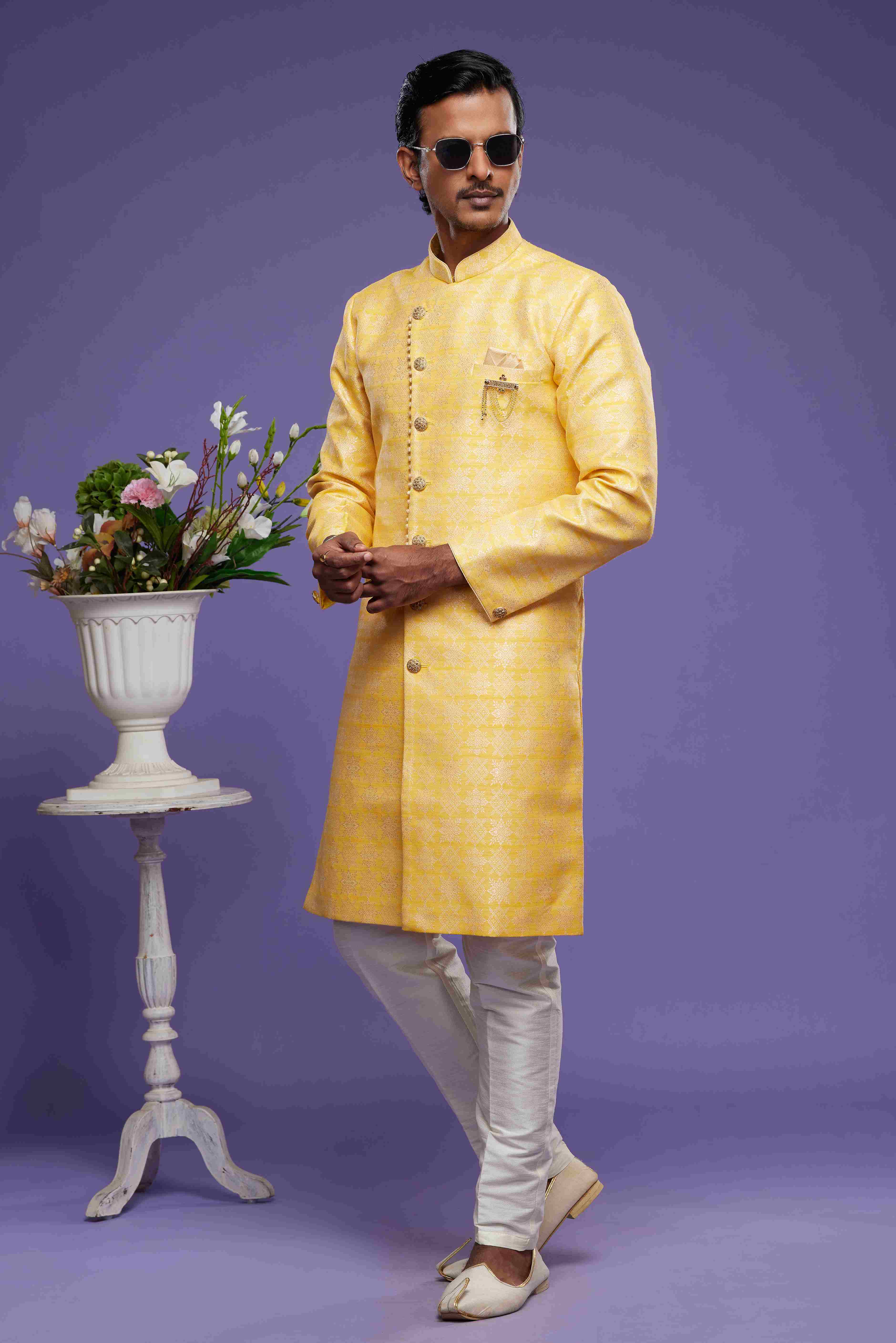 Raivat Ethnic Banarasi Jacquard Embroidery Semi Indo Western Sherwani In Yellow Colour | Grocsy