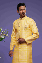 Raivat Ethnic Banarasi Jacquard Embroidery Semi Indo Western Sherwani In Yellow Colour | Grocsy