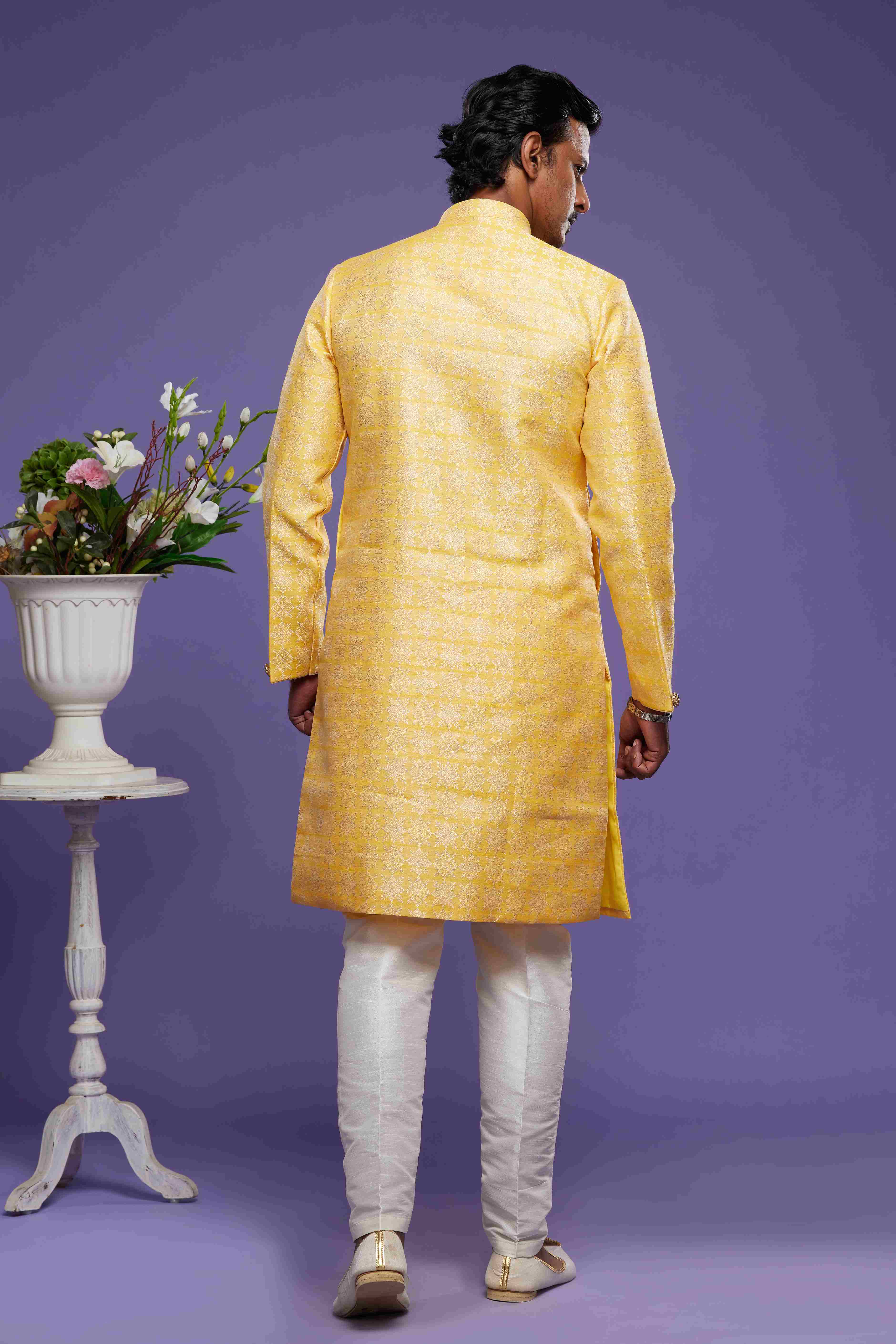 Raivat Ethnic Banarasi Jacquard Embroidery Semi Indo Western Sherwani In Yellow Colour | Grocsy