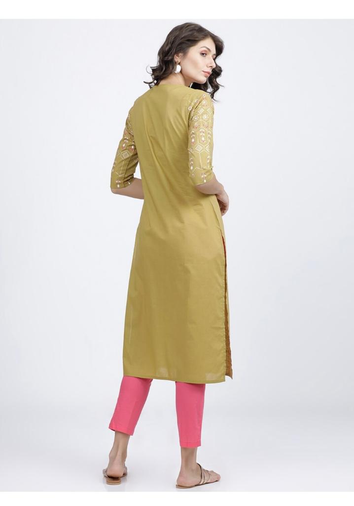 Maai Rayon Hand Printed Kurta Mustard | Grocsy
