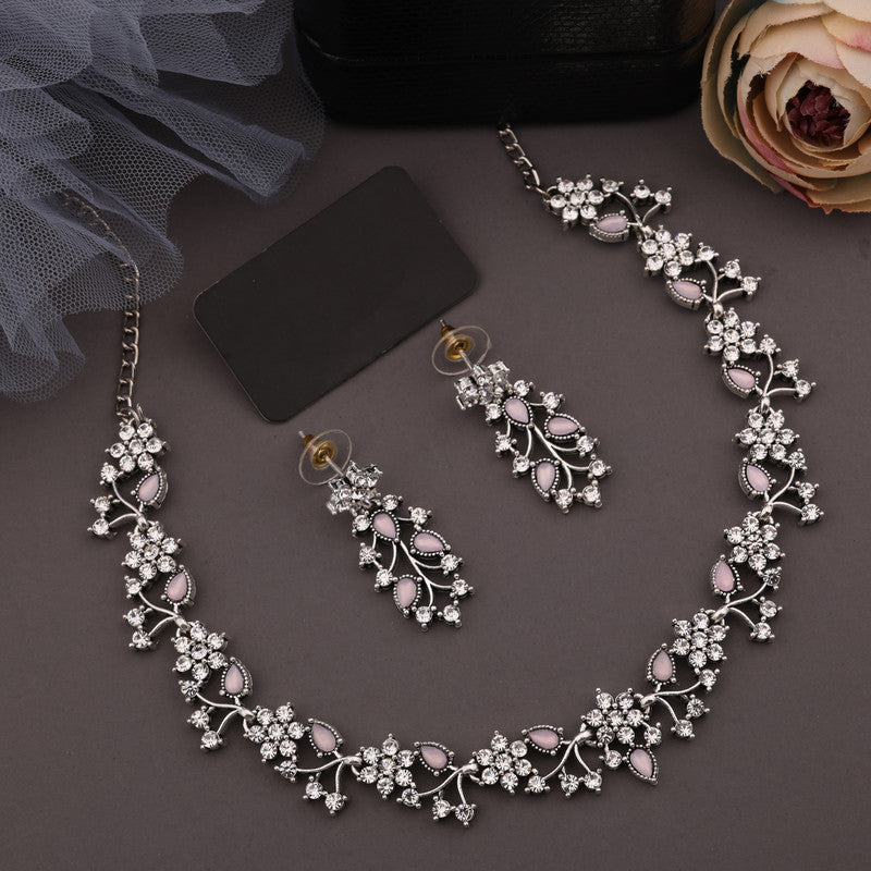 Tehzeeb Creations Silver Pleated White Diamond With Baby Pink Beads Necklace Set | Grocsy