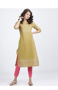 Maai Rayon Hand Printed Kurta Mustard | Grocsy