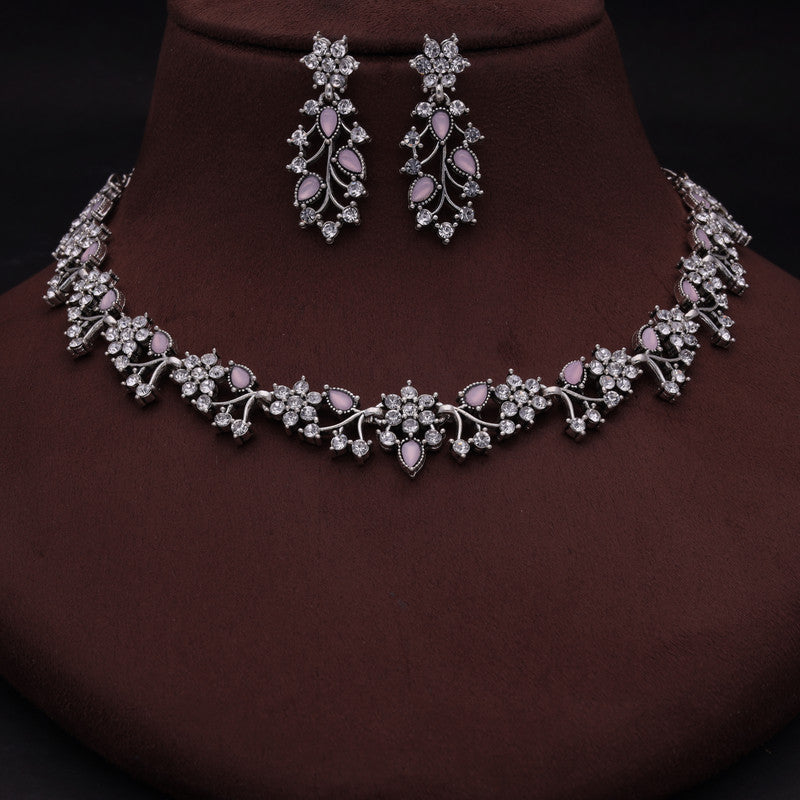 Tehzeeb Creations Silver Pleated White Diamond With Baby Pink Beads Necklace Set | Grocsy