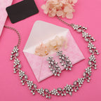 Tehzeeb Creations Silver Pleated White Diamond With Baby Pink Beads Necklace Set | Grocsy