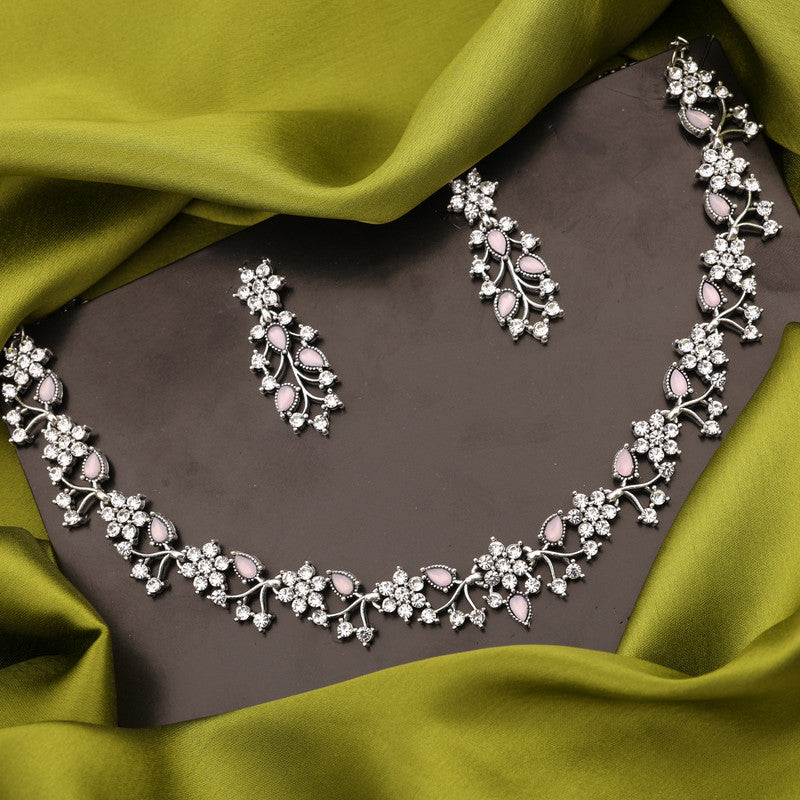 Tehzeeb Creations Silver Pleated White Diamond With Baby Pink Beads Necklace Set | Grocsy