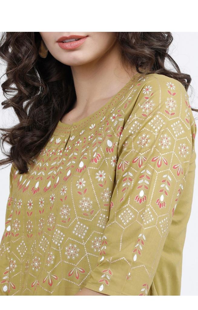 Maai Rayon Hand Printed Kurta Mustard | Grocsy