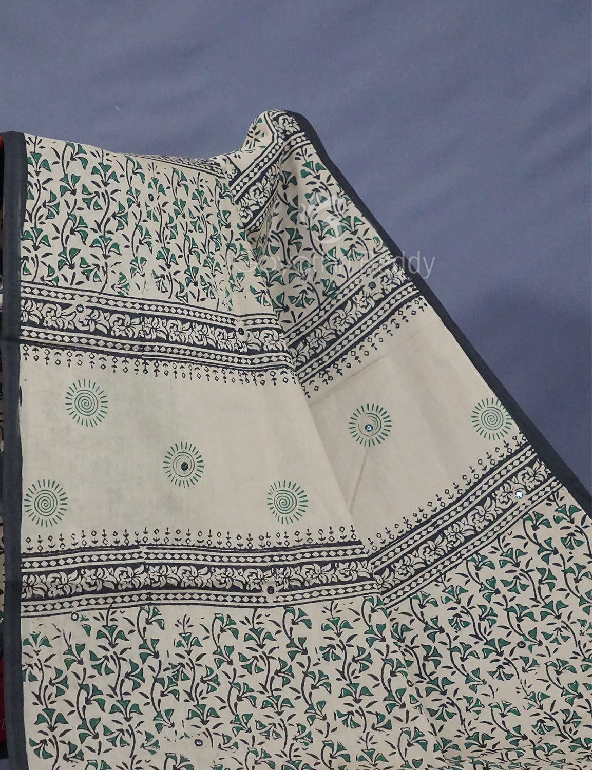 Light Olive Mix Grey Colour Block Print With Mirron Embroidered Pure Mulmul Cotton Saree By Gayathri Reddy Designer Studio | Grocsy