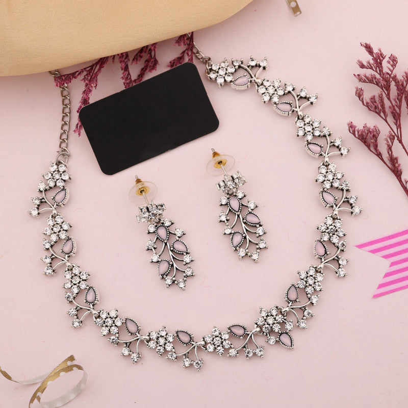 Tehzeeb Creations Silver Pleated White Diamond With Baby Pink Beads Necklace Set | Grocsy