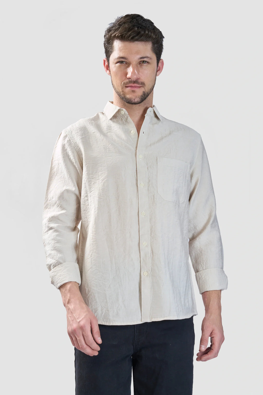 Xkind Beige Crush Wrinkled Look Regular Fit Shirt | Grocsy