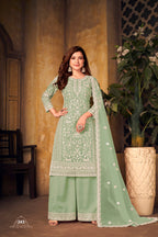 Anaita Light Green Embroidered Net Plazzo Suit | Grocsy