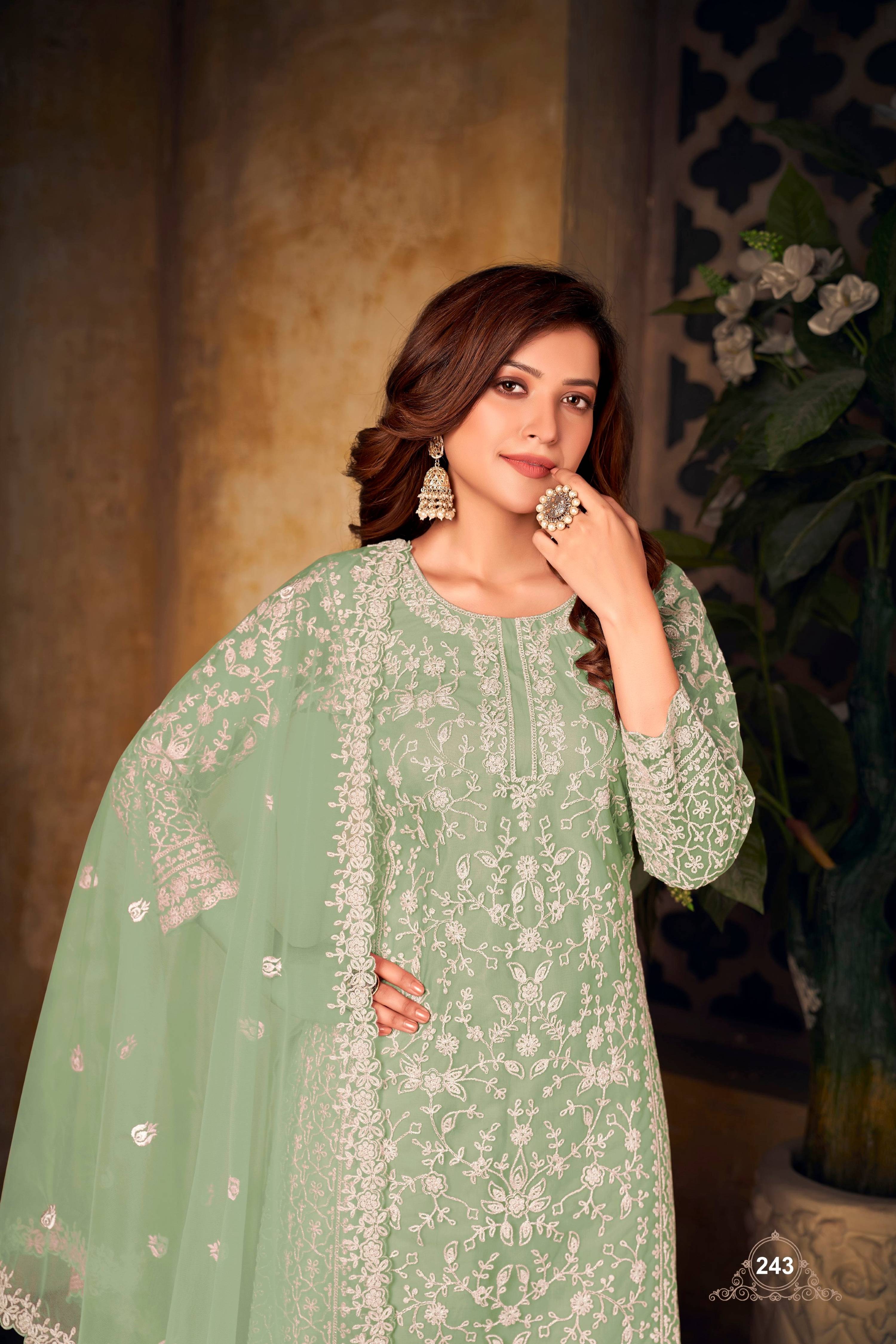 Anaita Light Green Embroidered Net Plazzo Suit | Grocsy