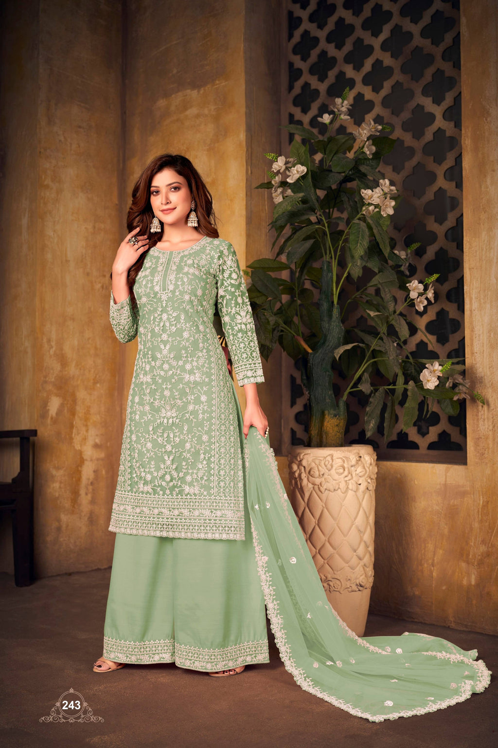 Anaita Light Green Embroidered Net Plazzo Suit | Grocsy