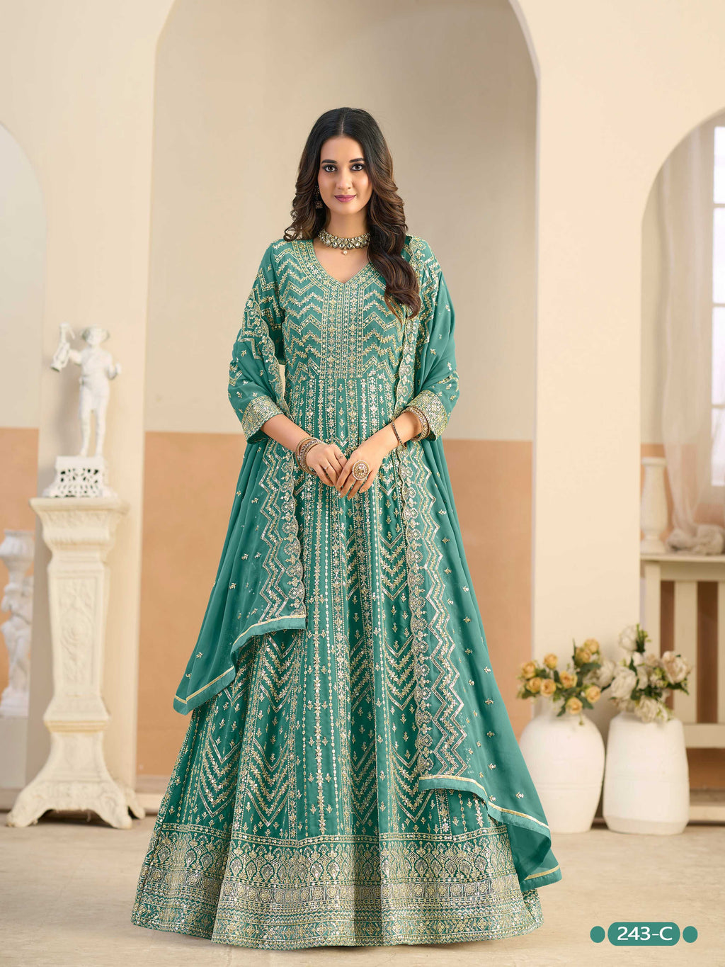 Anaita Turquoise Faux Georgette Anarkali Suit With Embroidery Work | Grocsy