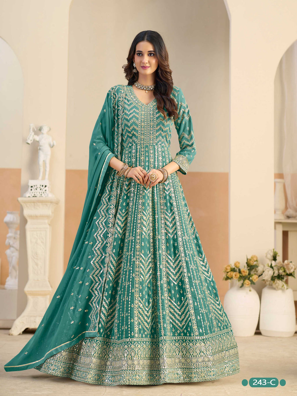 Anaita Turquoise Faux Georgette Anarkali Suit With Embroidery Work | Grocsy