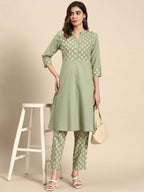 All About You Women Pure Cotton Ethnic Motifs Printed Kurta with Trousers | Grocsy