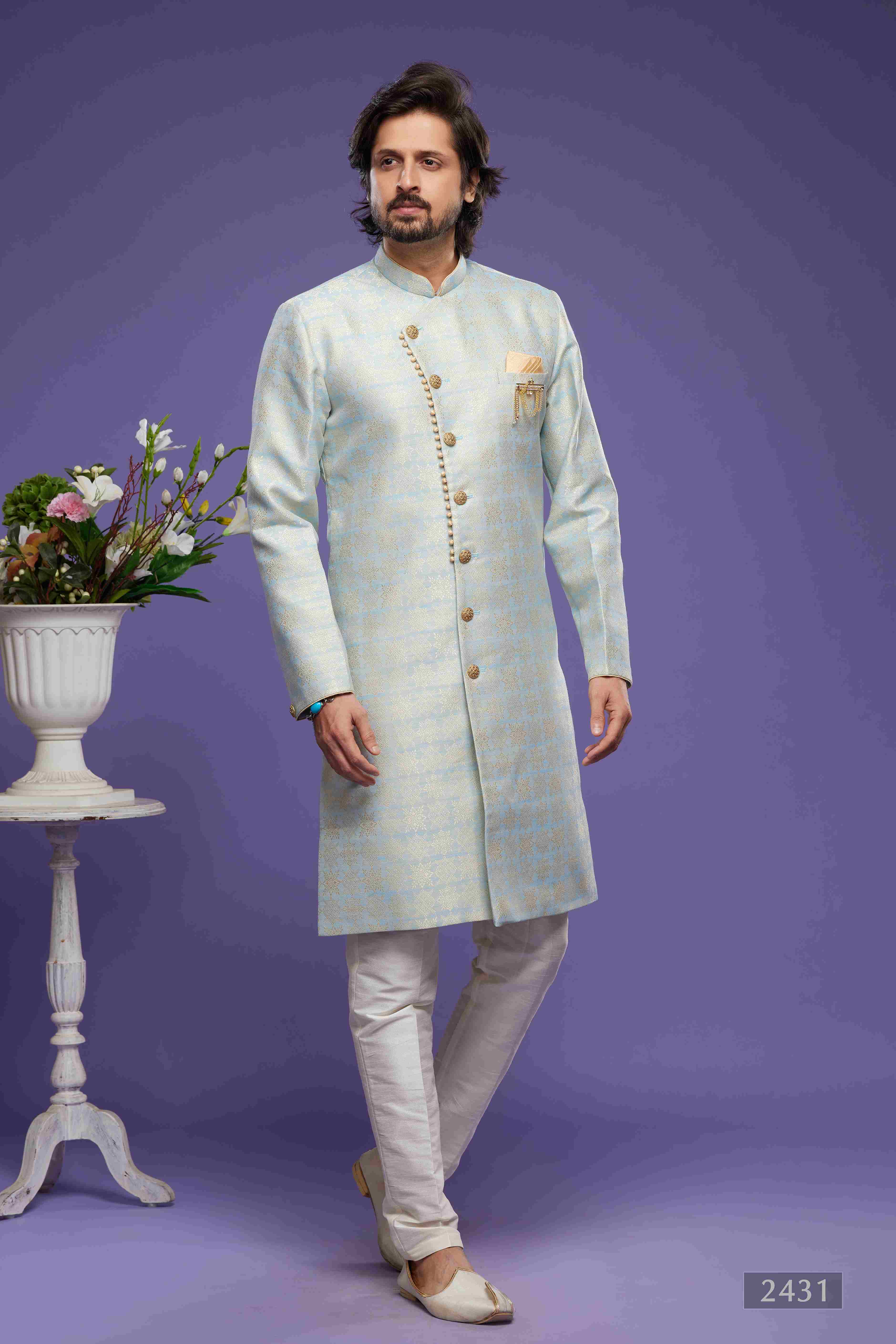 Raivat Ethnic Banarasi Jacquard Embroidery Semi Indo Western Sherwani In Sky Blue Colour | Grocsy
