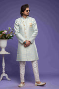 Raivat Ethnic Banarasi Jacquard Embroidery Semi Indo Western Sherwani In Sky Blue Colour | Grocsy