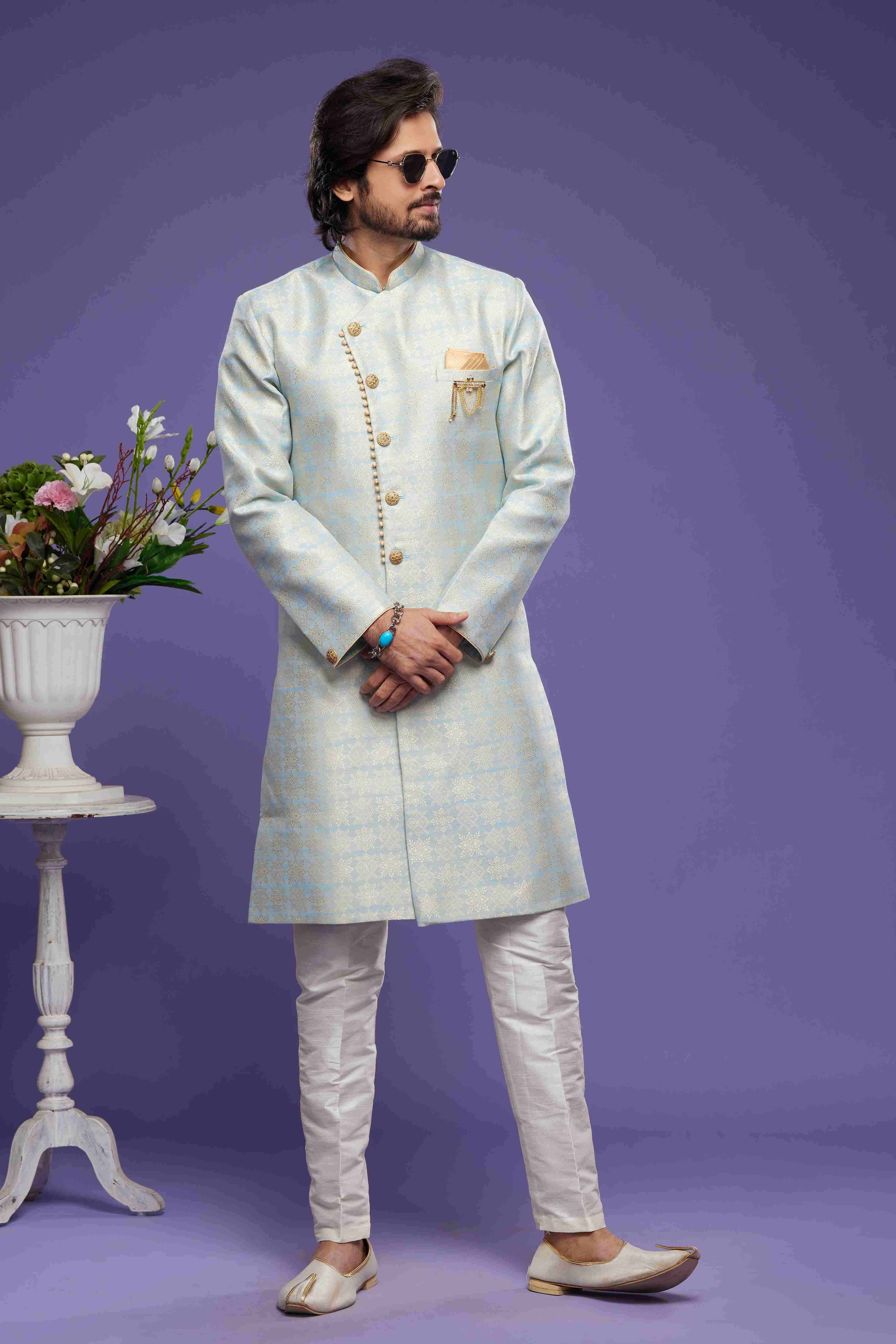Raivat Ethnic Banarasi Jacquard Embroidery Semi Indo Western Sherwani In Sky Blue Colour | Grocsy