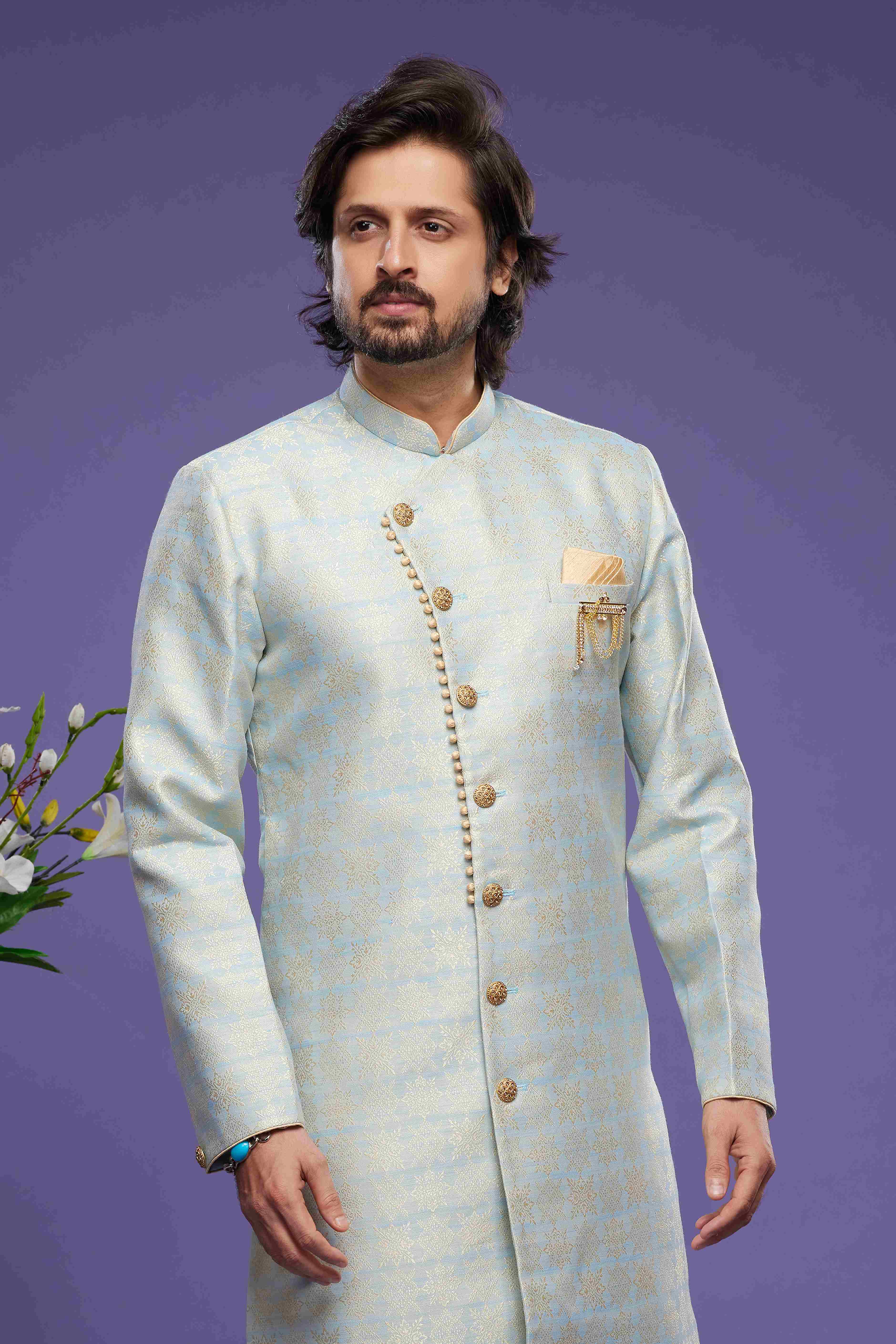 Raivat Ethnic Banarasi Jacquard Embroidery Semi Indo Western Sherwani In Sky Blue Colour | Grocsy