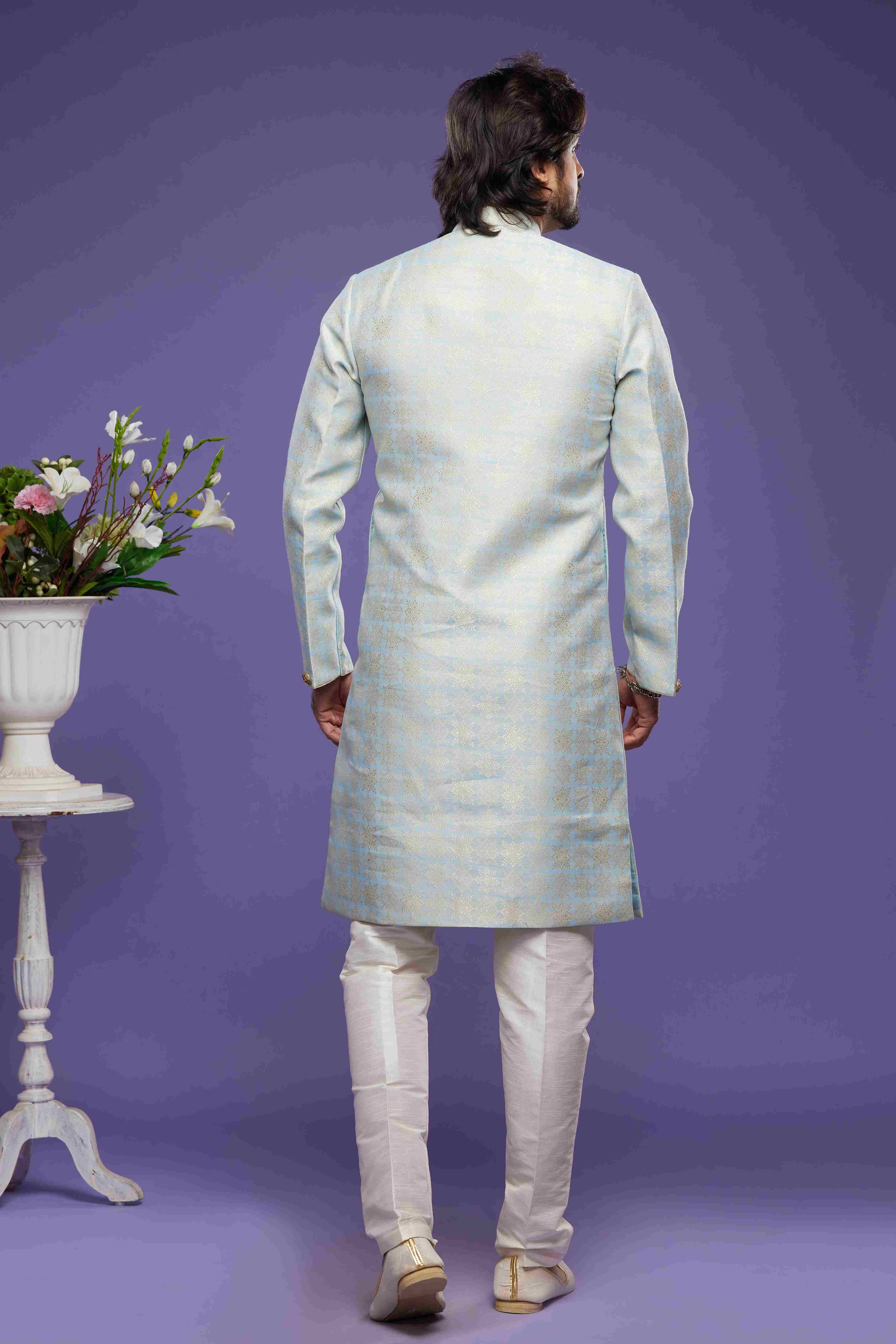 Raivat Ethnic Banarasi Jacquard Embroidery Semi Indo Western Sherwani In Sky Blue Colour | Grocsy