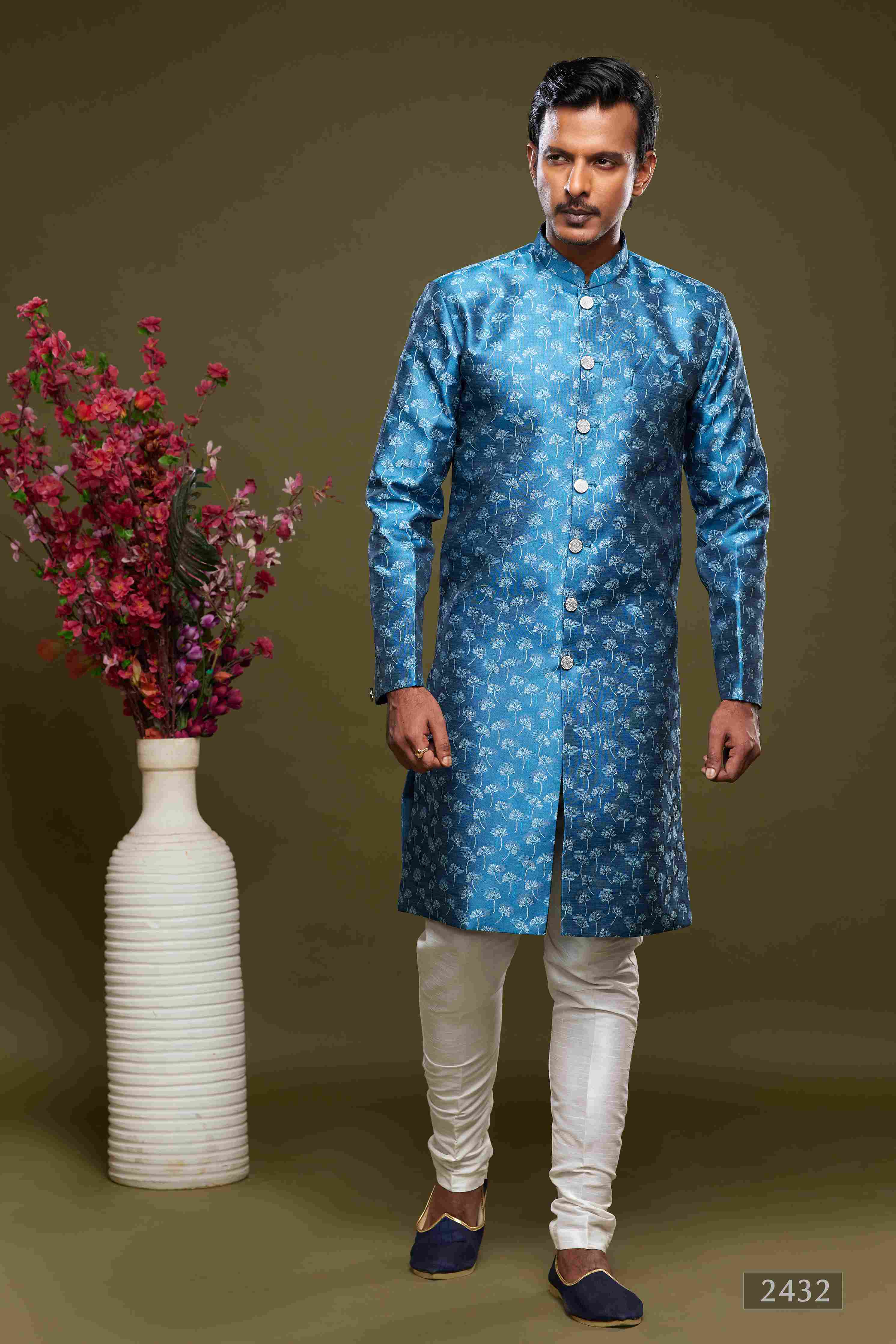 Raivat Ethnic Banarasi Jacquard Embroidery Semi Indo Western Sherwani In Blue Colour | Grocsy