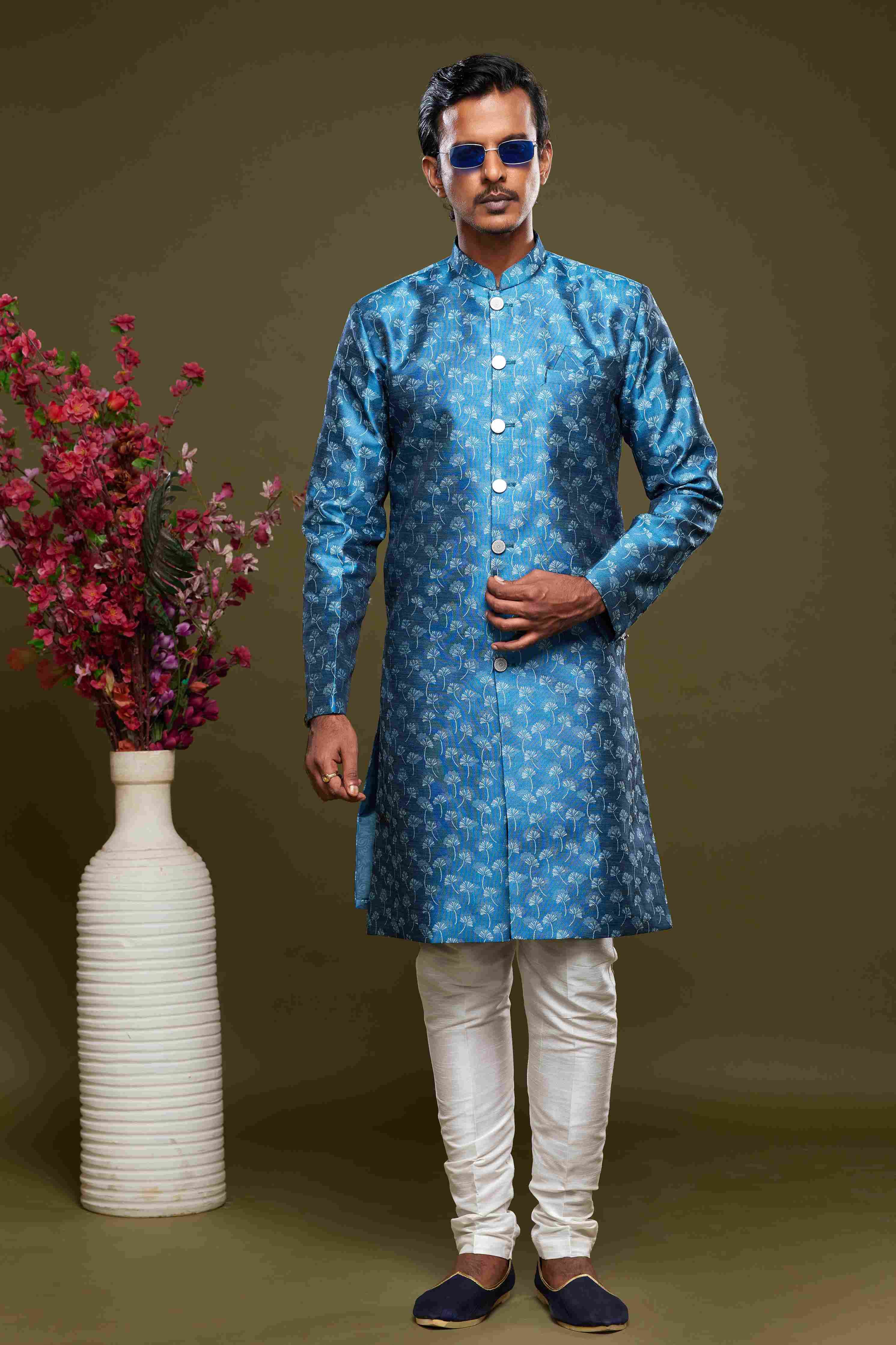 Raivat Ethnic Banarasi Jacquard Embroidery Semi Indo Western Sherwani In Blue Colour | Grocsy