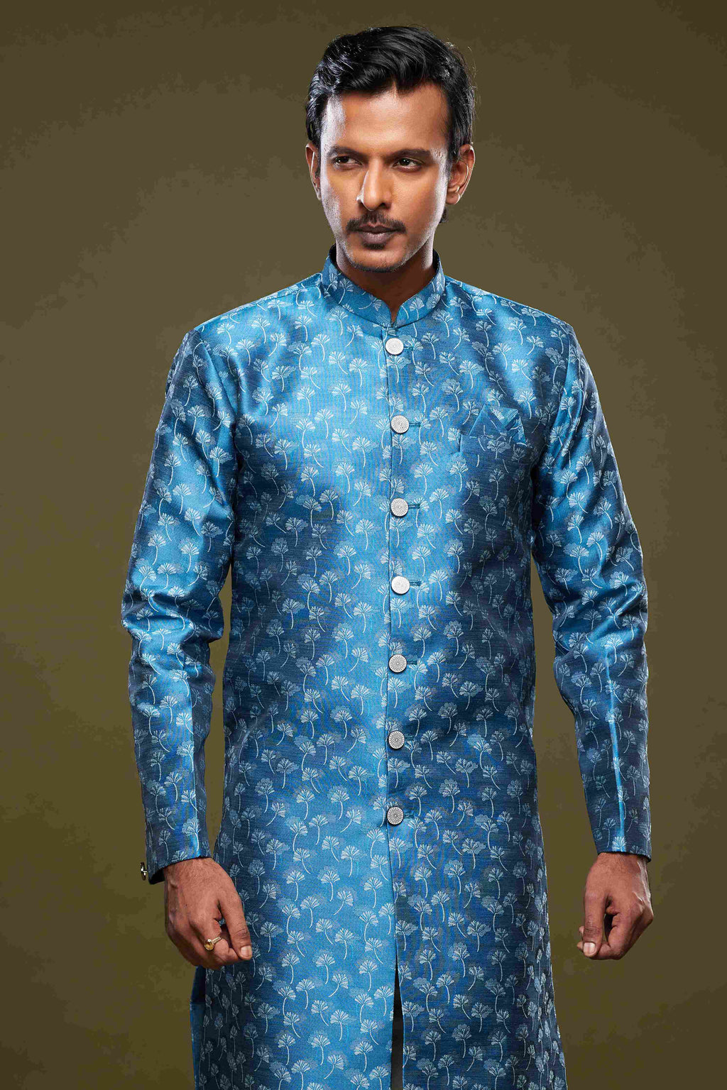 Raivat Ethnic Banarasi Jacquard Embroidery Semi Indo Western Sherwani In Blue Colour | Grocsy