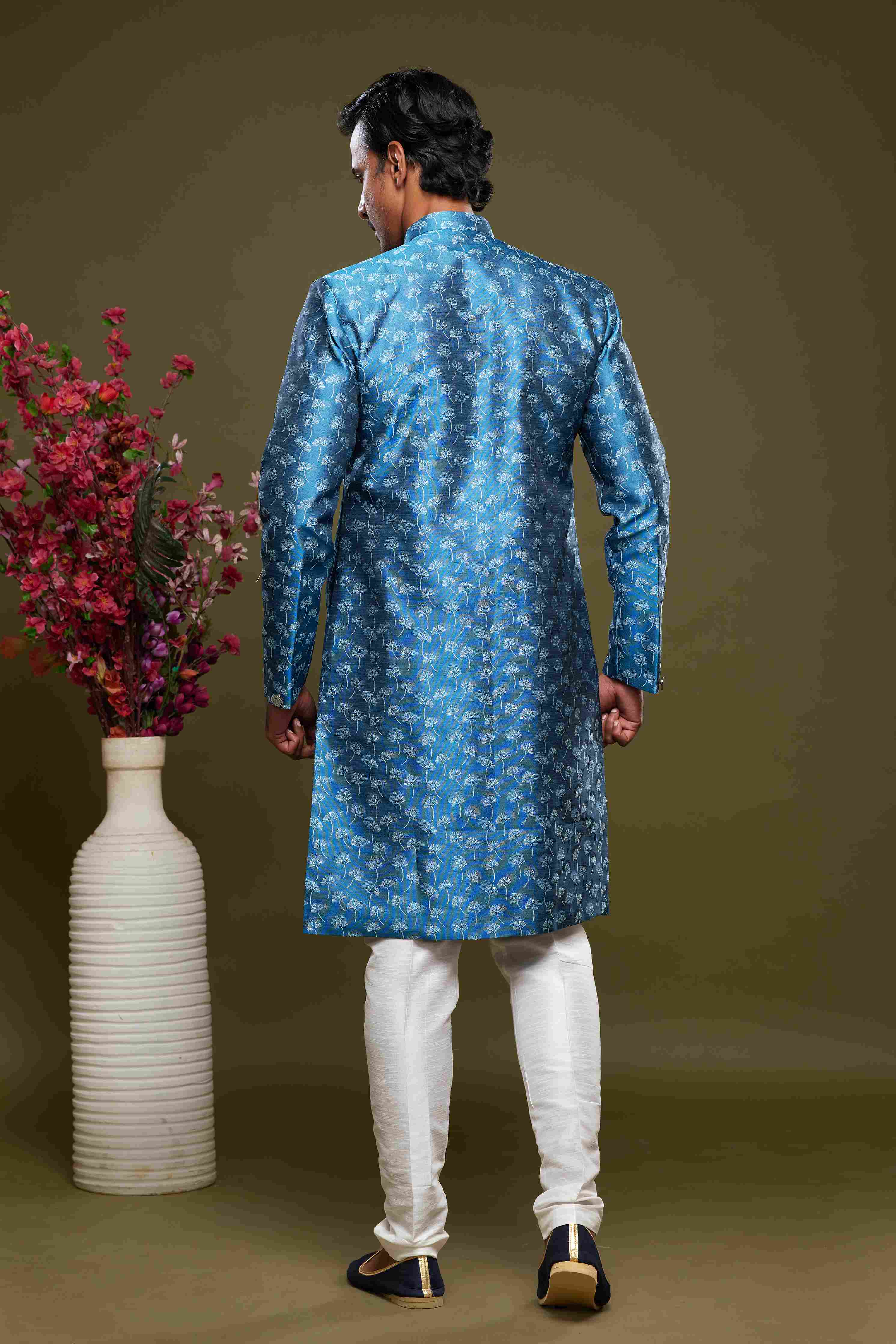 Raivat Ethnic Banarasi Jacquard Embroidery Semi Indo Western Sherwani In Blue Colour | Grocsy
