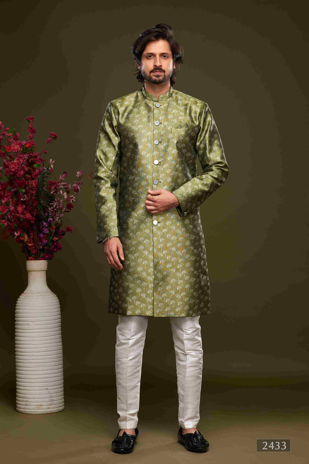 Raivat Ethnic Banarasi Jacquard Embroidery Semi Indo Western Sherwani In Green Colour | Grocsy