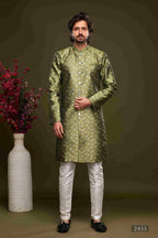 Raivat Ethnic Banarasi Jacquard Embroidery Semi Indo Western Sherwani In Green Colour | Grocsy
