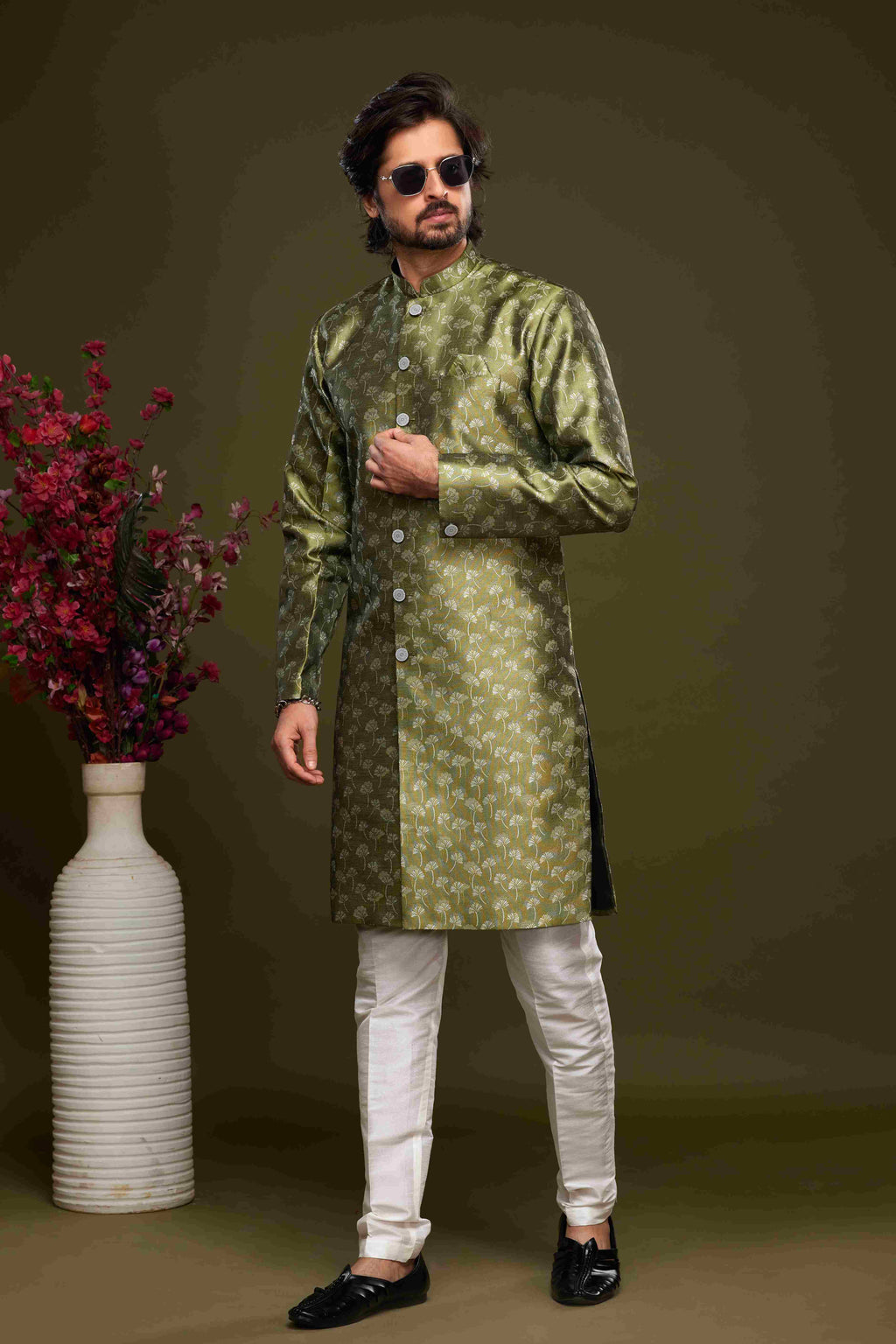 Raivat Ethnic Banarasi Jacquard Embroidery Semi Indo Western Sherwani In Green Colour | Grocsy
