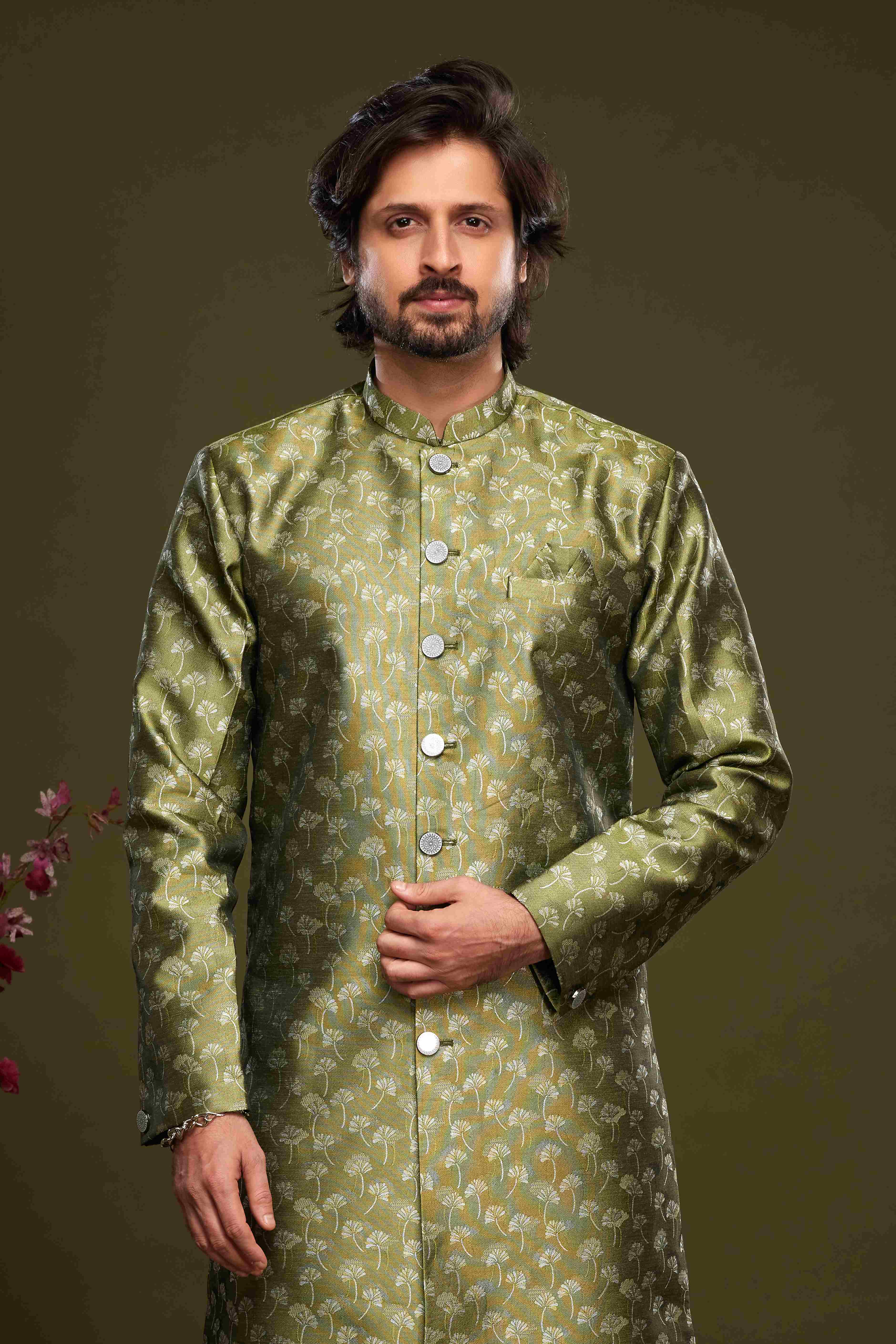 Raivat Ethnic Banarasi Jacquard Embroidery Semi Indo Western Sherwani In Green Colour | Grocsy