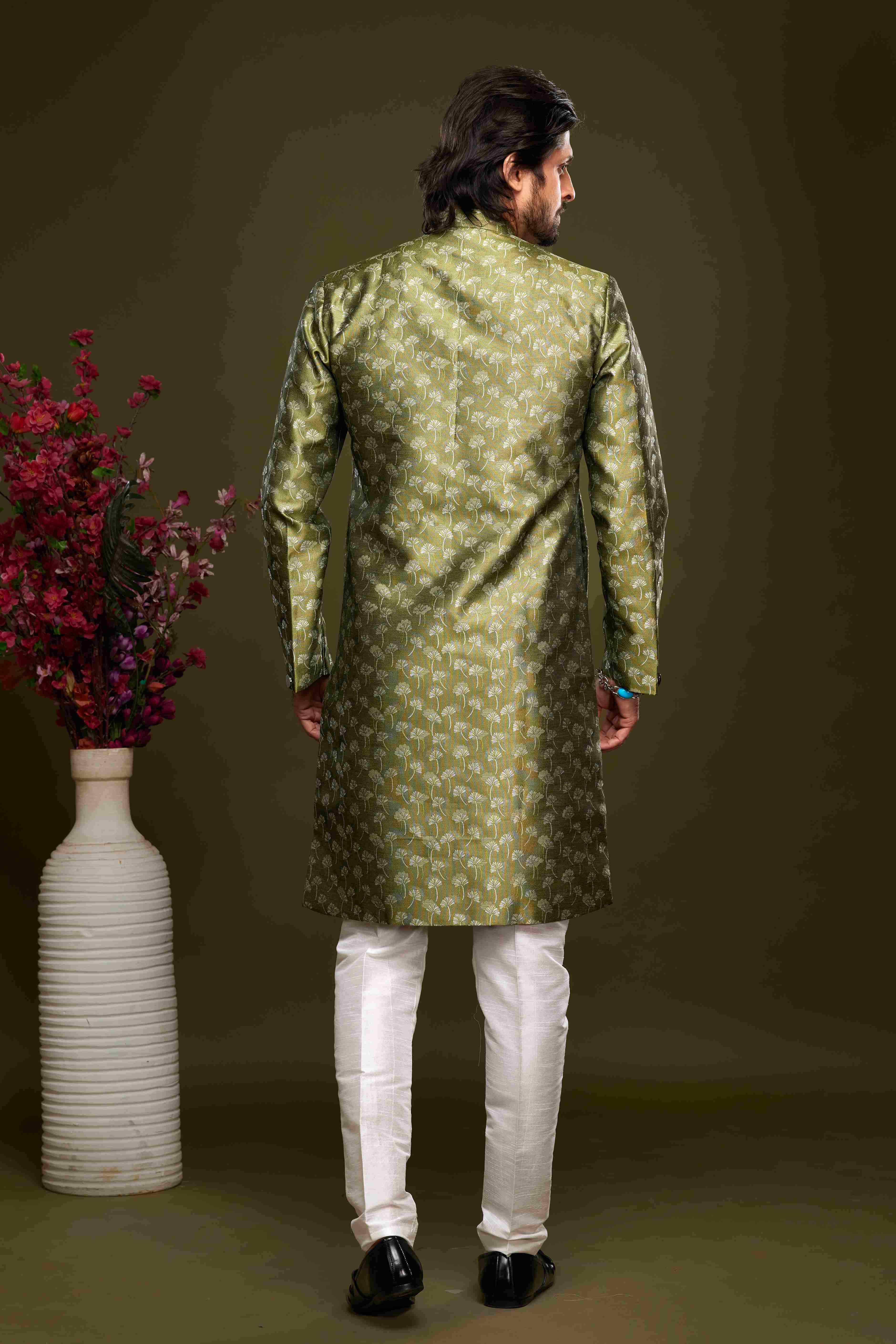 Raivat Ethnic Banarasi Jacquard Embroidery Semi Indo Western Sherwani In Green Colour | Grocsy