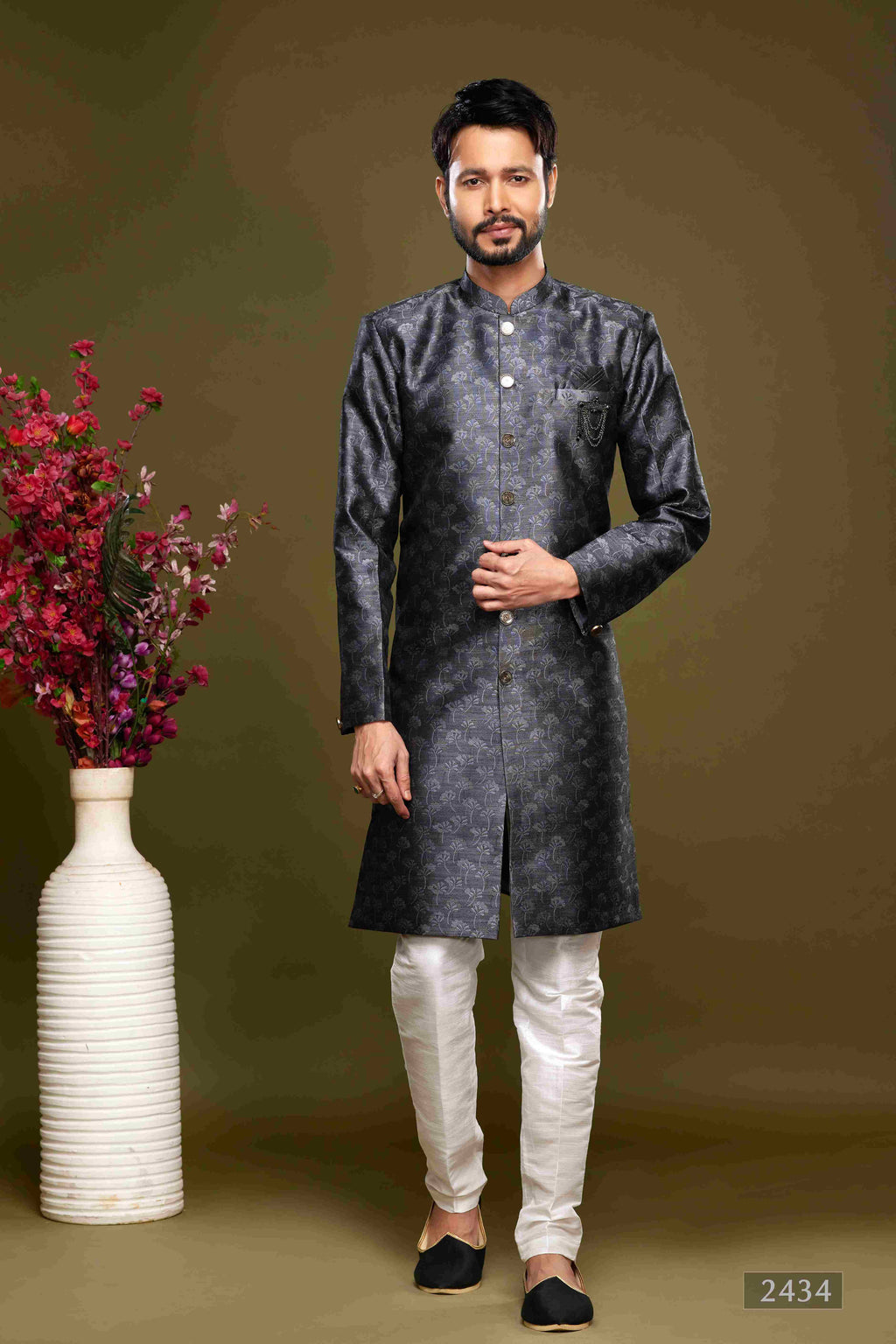 Raivat Ethnic Banarasi Jacquard Embroidery Semi Indo Western Sherwani In Black Colour | Grocsy