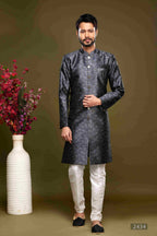 Raivat Ethnic Banarasi Jacquard Embroidery Semi Indo Western Sherwani In Black Colour | Grocsy