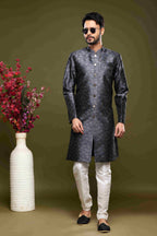 Raivat Ethnic Banarasi Jacquard Embroidery Semi Indo Western Sherwani In Black Colour | Grocsy