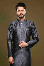 Raivat Ethnic Banarasi Jacquard Embroidery Semi Indo Western Sherwani In Black Colour | Grocsy