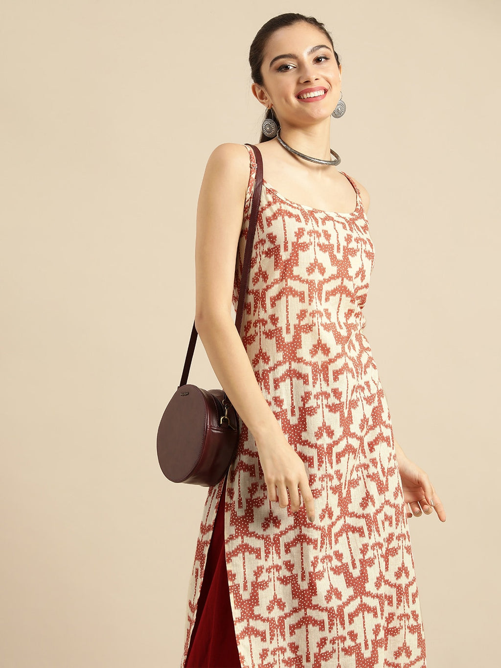 Sangria Women White & Rust Red Printed Cotton Kurta | Grocsy