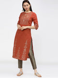 Maai Rayon Hand Printed Kurta Orange | Grocsy