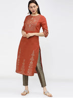Maai Rayon Hand Printed Kurta Orange | Grocsy