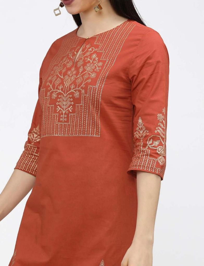 Maai Rayon Hand Printed Kurta Orange | Grocsy