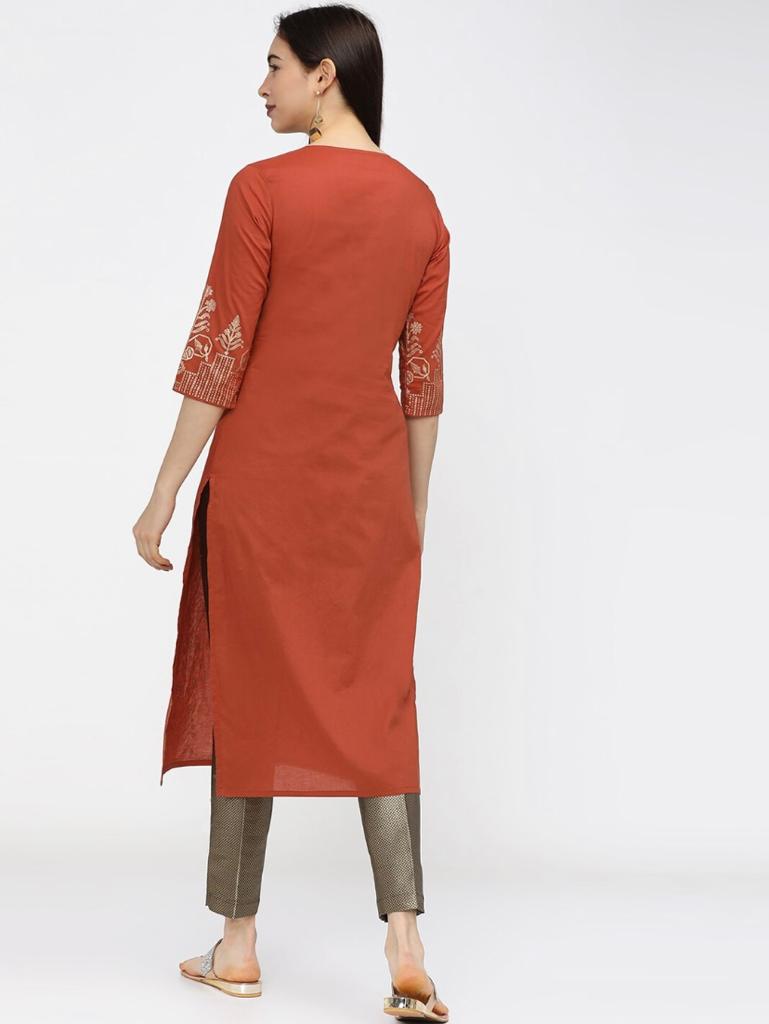 Maai Rayon Hand Printed Kurta Orange | Grocsy