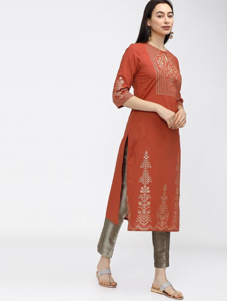 Maai Rayon Hand Printed Kurta Orange | Grocsy