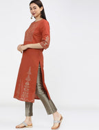 Maai Rayon Hand Printed Kurta Orange | Grocsy