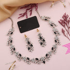 Tehzeeb Creations Silver Pleated White Diamond With Baby Black Beads Necklace Set | Grocsy