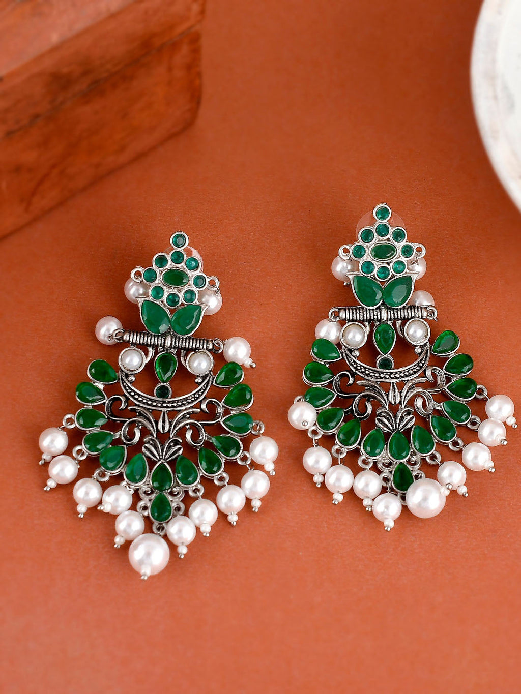 Shoshaa Silver-Plated Green Handcrafted Drop Earrings With Pearl | Grocsy